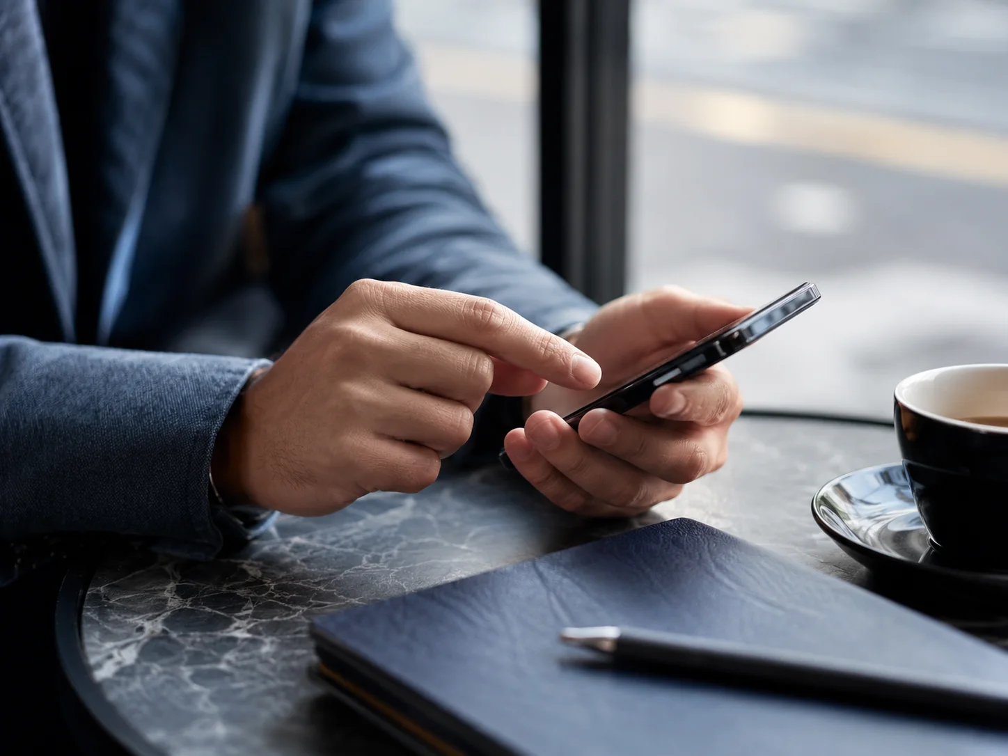 A person reading on a phone beside a coffee