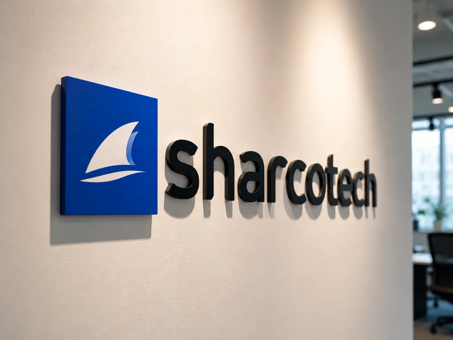 Sharcotech logo mounted on an office wall